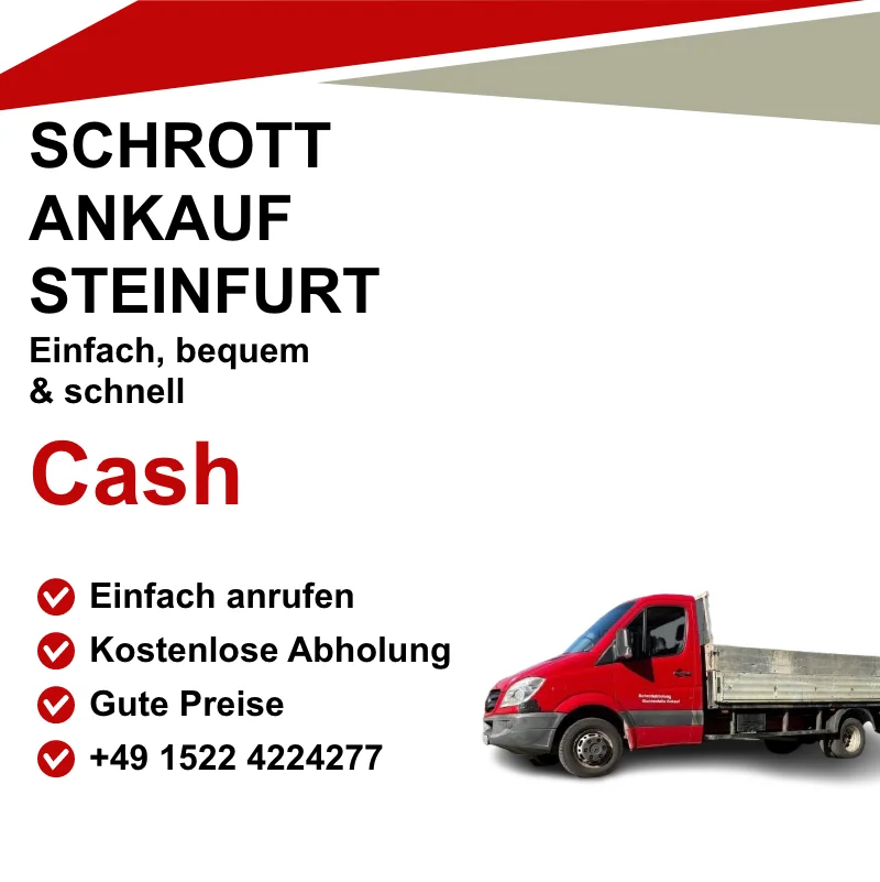 Schrottankauf Steinfurt – Ihr Partner für Altmetall und Elektroschrott Sie möchten Altmetall oder Elektroschrott verkaufen? Unser Schrottankauf in Steinfurt bietet Ihnen faire Preise und eine unkomplizierte Abwicklung. Egal ob Kupfer, Aluminium, Edelstahl oder Kabelreste – wir kaufen Ihren Schrott an und sorgen für eine umweltfreundliche Verwertung. Profitieren Sie von unserem schnellen Service und lassen Sie sich direkt vor Ort beraten. Kontaktieren Sie uns noch heute für ein unverbindliches Angebot!