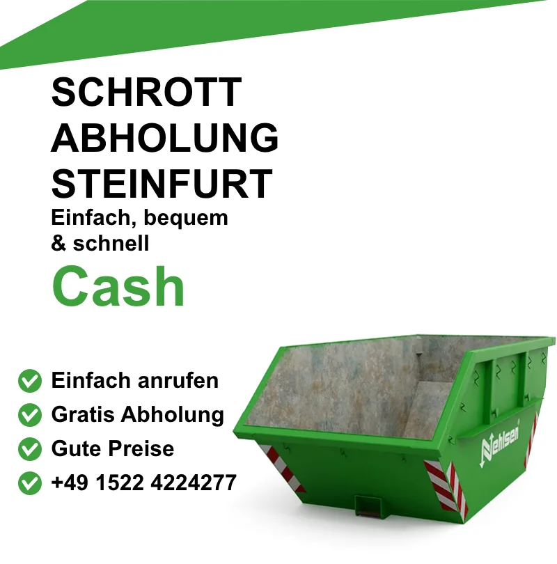 Schrottankauf Steinfurt – Ihr Partner für Altmetall und Elektroschrott Sie möchten Altmetall oder Elektroschrott verkaufen? Unser Schrottankauf in Steinfurt bietet Ihnen faire Preise und eine unkomplizierte Abwicklung. Egal ob Kupfer, Aluminium, Edelstahl oder Kabelreste – wir kaufen Ihren Schrott an und sorgen für eine umweltfreundliche Verwertung. Profitieren Sie von unserem schnellen Service und lassen Sie sich direkt vor Ort beraten. Kontaktieren Sie uns noch heute für ein unverbindliches Angebot!