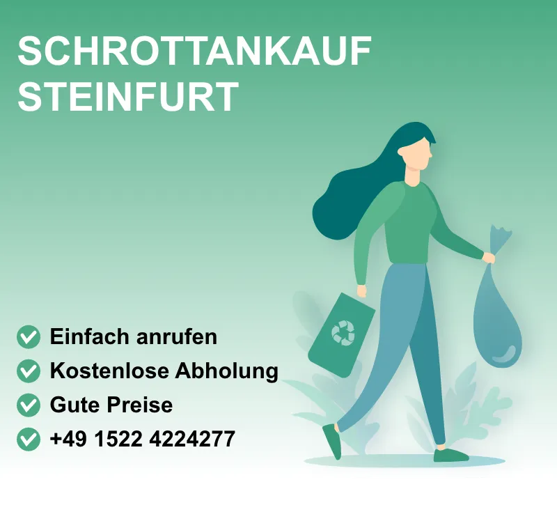 Schrottankauf Steinfurt – Ihr Partner für Altmetall und Elektroschrott Sie möchten Altmetall oder Elektroschrott verkaufen? Unser Schrottankauf in Steinfurt bietet Ihnen faire Preise und eine unkomplizierte Abwicklung. Egal ob Kupfer, Aluminium, Edelstahl oder Kabelreste – wir kaufen Ihren Schrott an und sorgen für eine umweltfreundliche Verwertung. Profitieren Sie von unserem schnellen Service und lassen Sie sich direkt vor Ort beraten. Kontaktieren Sie uns noch heute für ein unverbindliches Angebot!